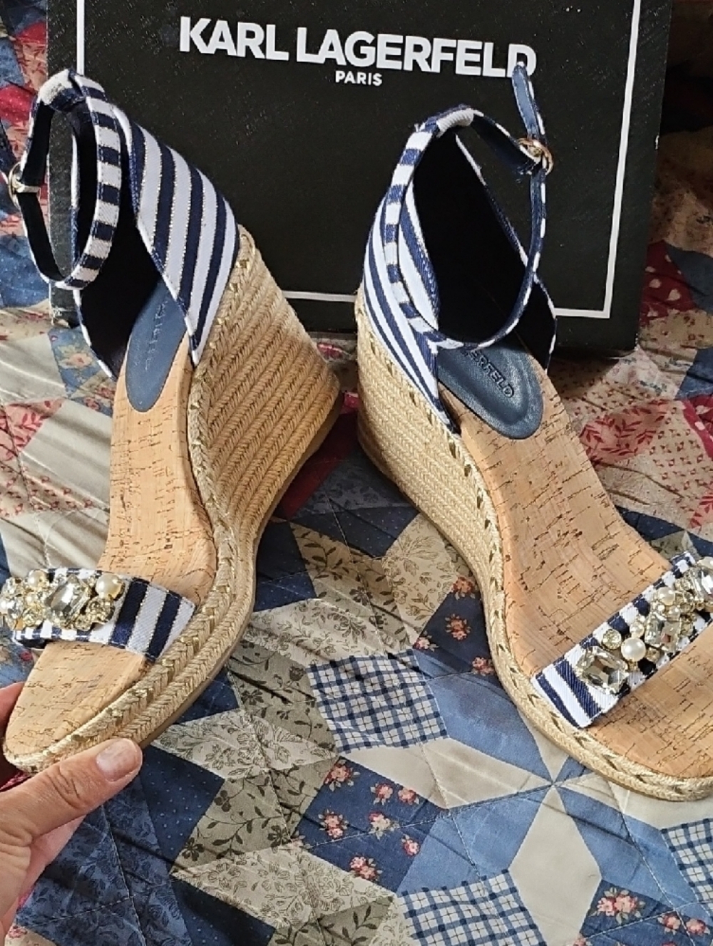 Karl Lagerfeld Navy Striped Wedge Sandals with Embellished Strap - Picture 3 of 5